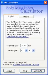 BMI Calculator (Body Mass Index) 1.0 screenshot. Click to enlarge!