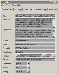 Metty Meta Tag Maker 1.31 screenshot. Click to enlarge!
